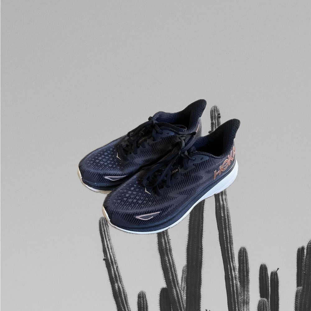 Hoka black and rose gold Clifton 9